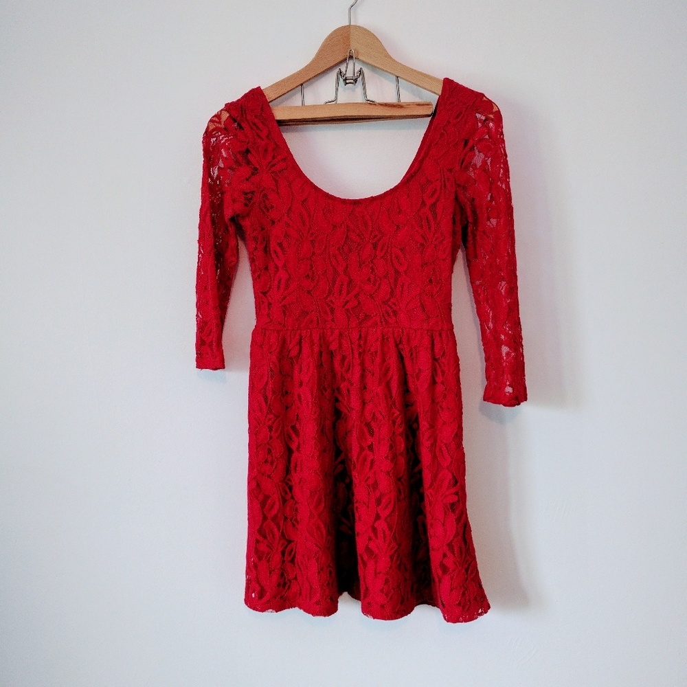 Red lace fit and flare dress 3/4 sleeves