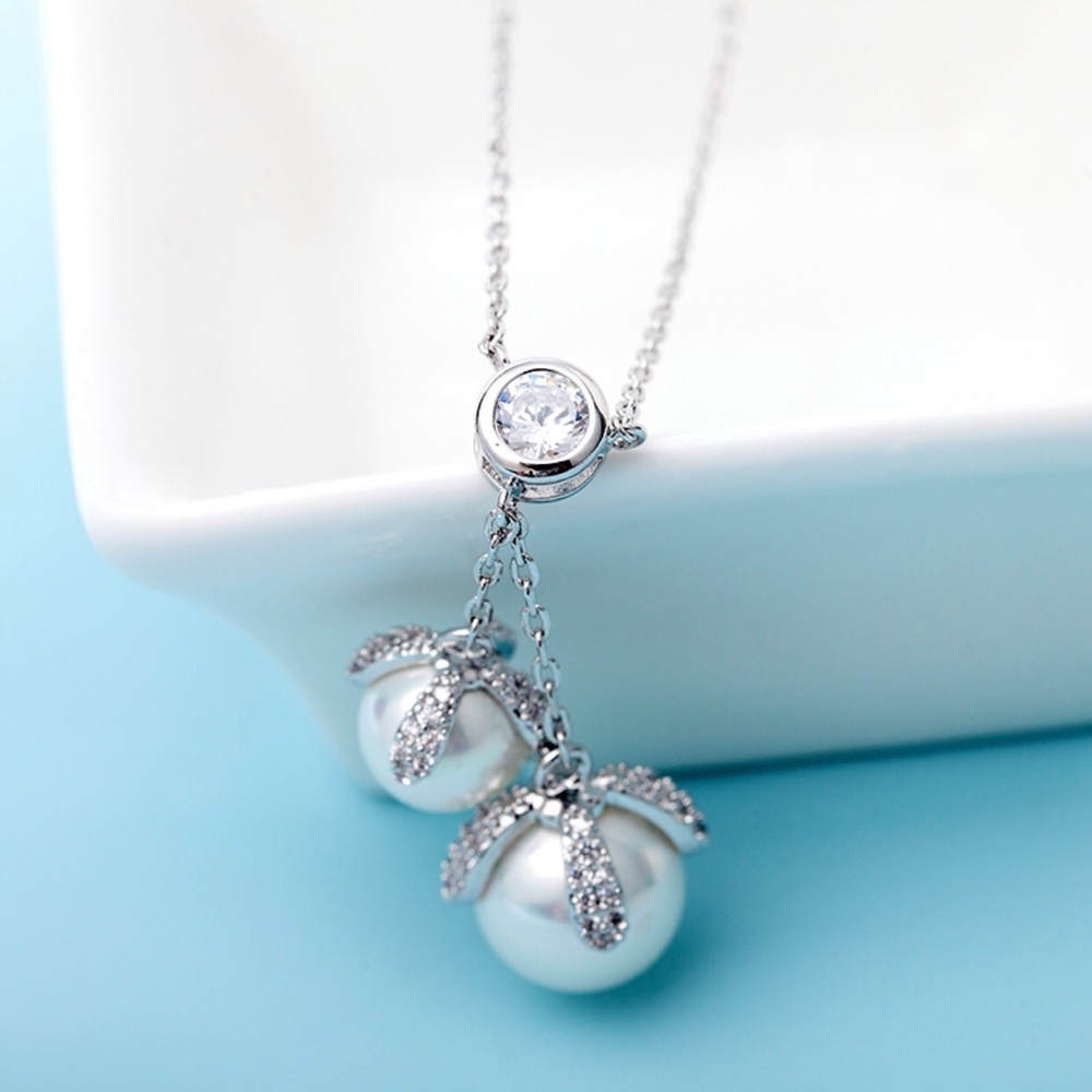 14k Plated Double Pearl Dangle Drop Necklace