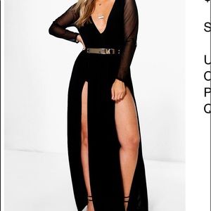 Black Sheer Sleeve High Slit Dress