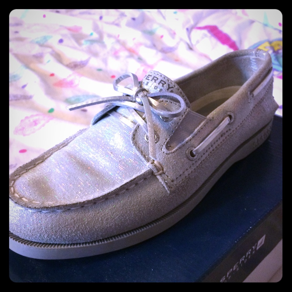 Silver glitter girls sperry loafers
