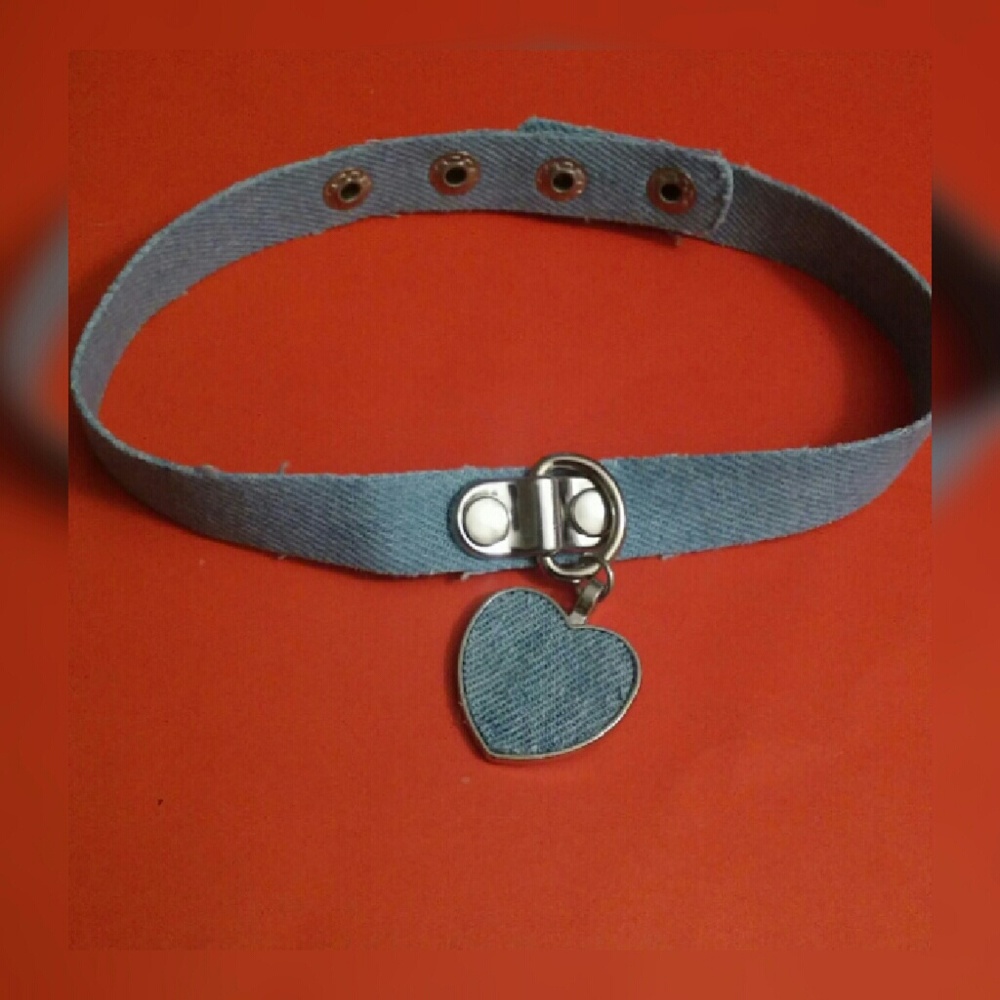 Blue Denim Heart Choker Necklace