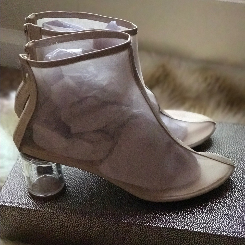 SOLD! Nude mesh boots with clear block heel