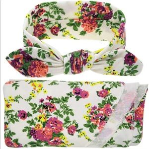 White Floral Swaddle with matching headband set