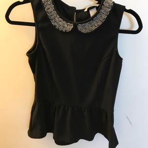H&M Black Peplum Blouse with Beaded Bib Collar