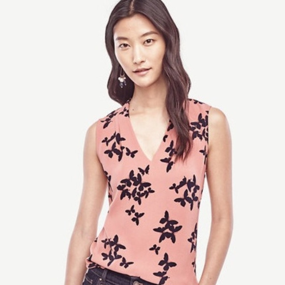 Ann Taylor Mixed Media V-neck Shell, Pink and Navy
