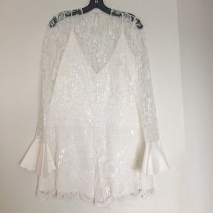 White sequin and lace Alexis romper w/ satin cuff