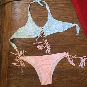 Lace up pink and blue bikini