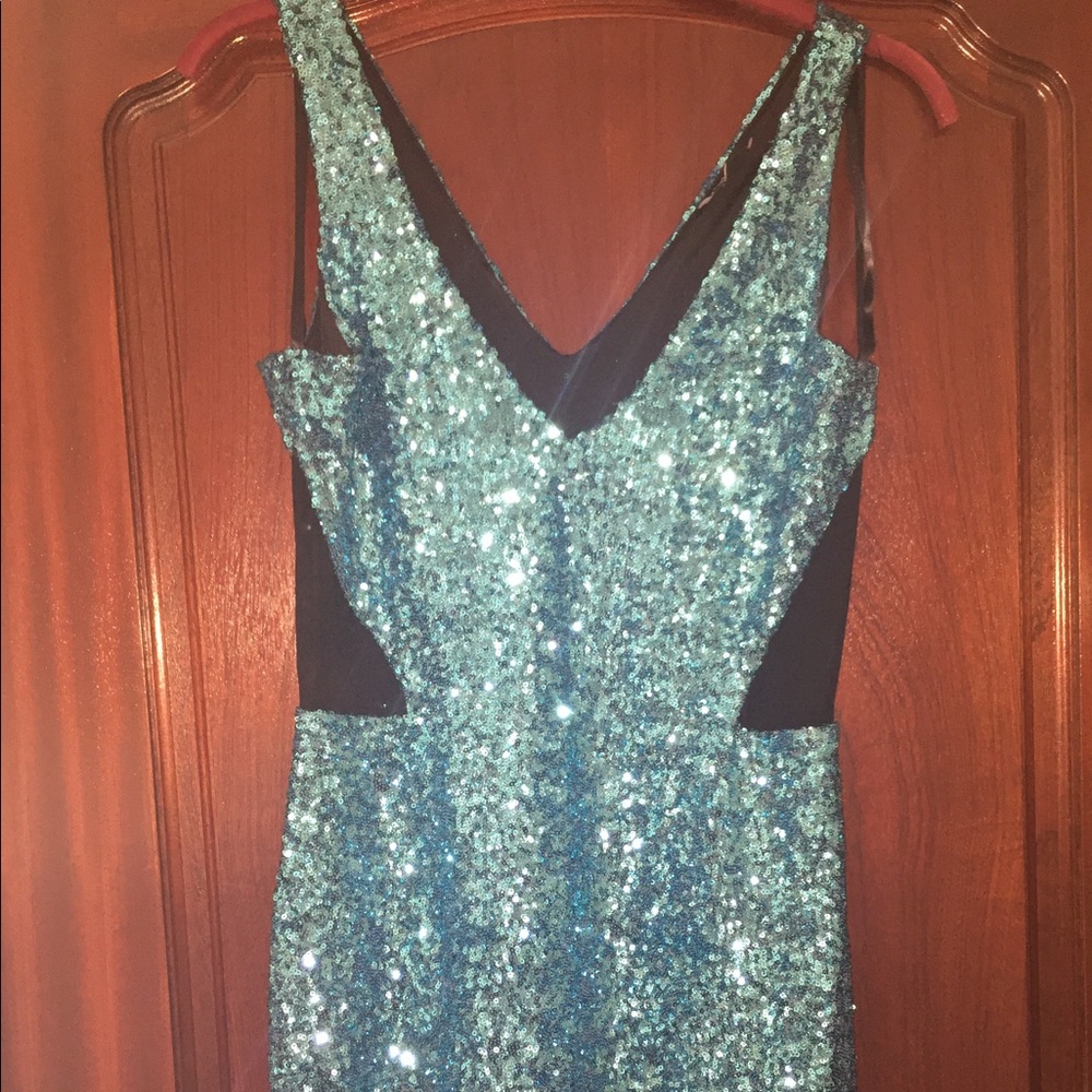 Bebe sequin cut out blue green dress