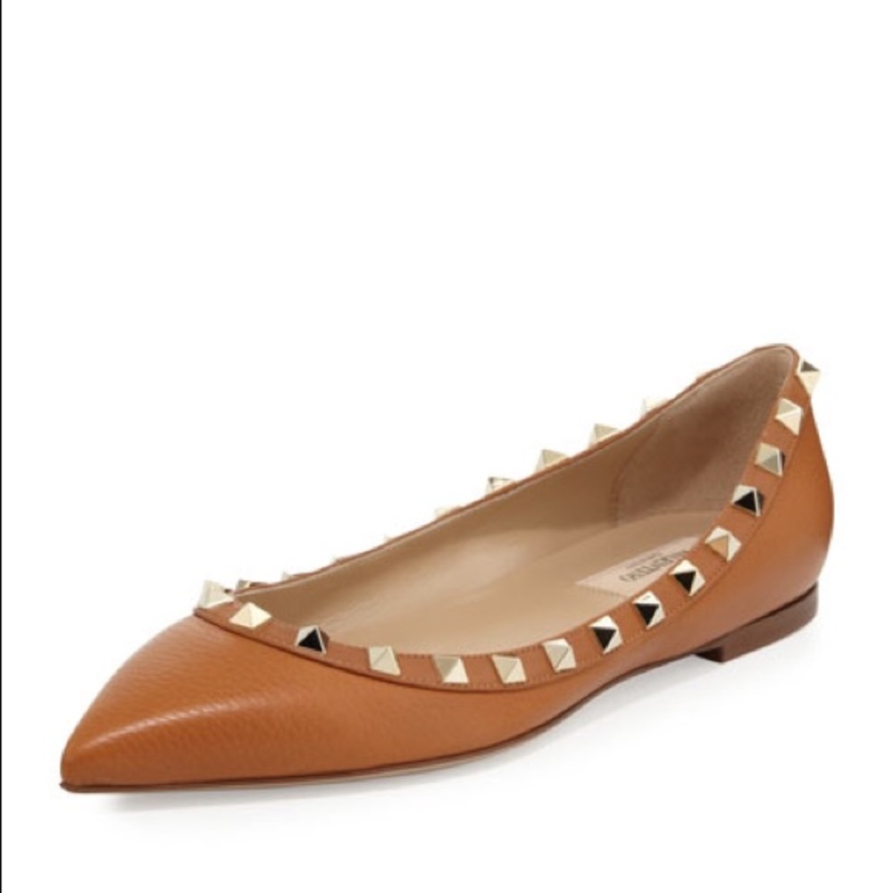 Valentino Rockstud Leather Ballerina Flat in tan