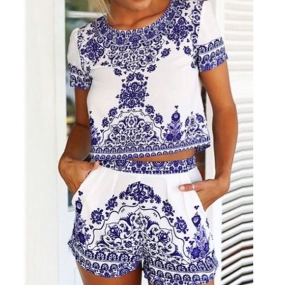 boutique Tops - Blue and White Crop Top and Shorts Set