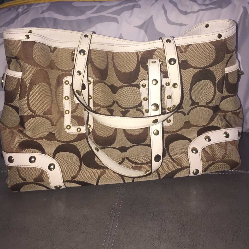COACH Signature tote with white leather and studs
