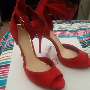 Red Suede Ankle Wrap Heels