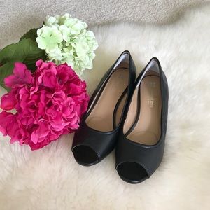 NEW. Black leather wedge heels. Comfortable for wide feet