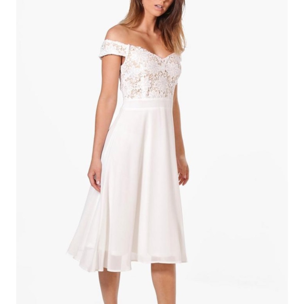 White Lace Off the Shoulder Midi Chiffon Dress