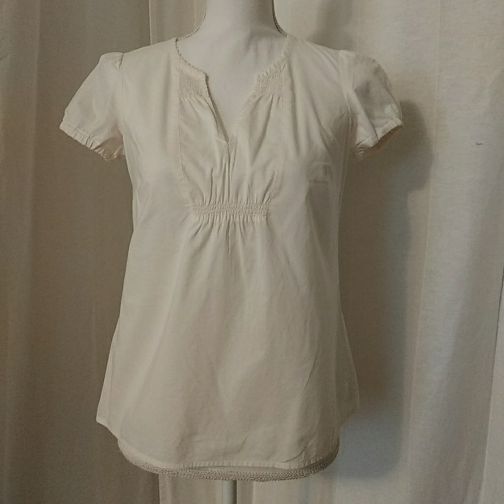 Split Neck Top w/Loop Stitch Trim & Shirred Detail