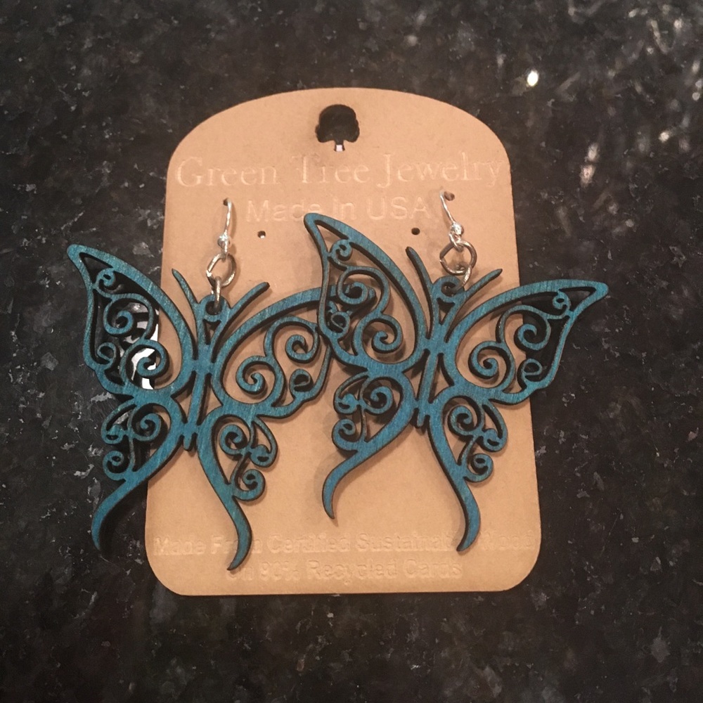 Teal Wooden Butterfly Earrings