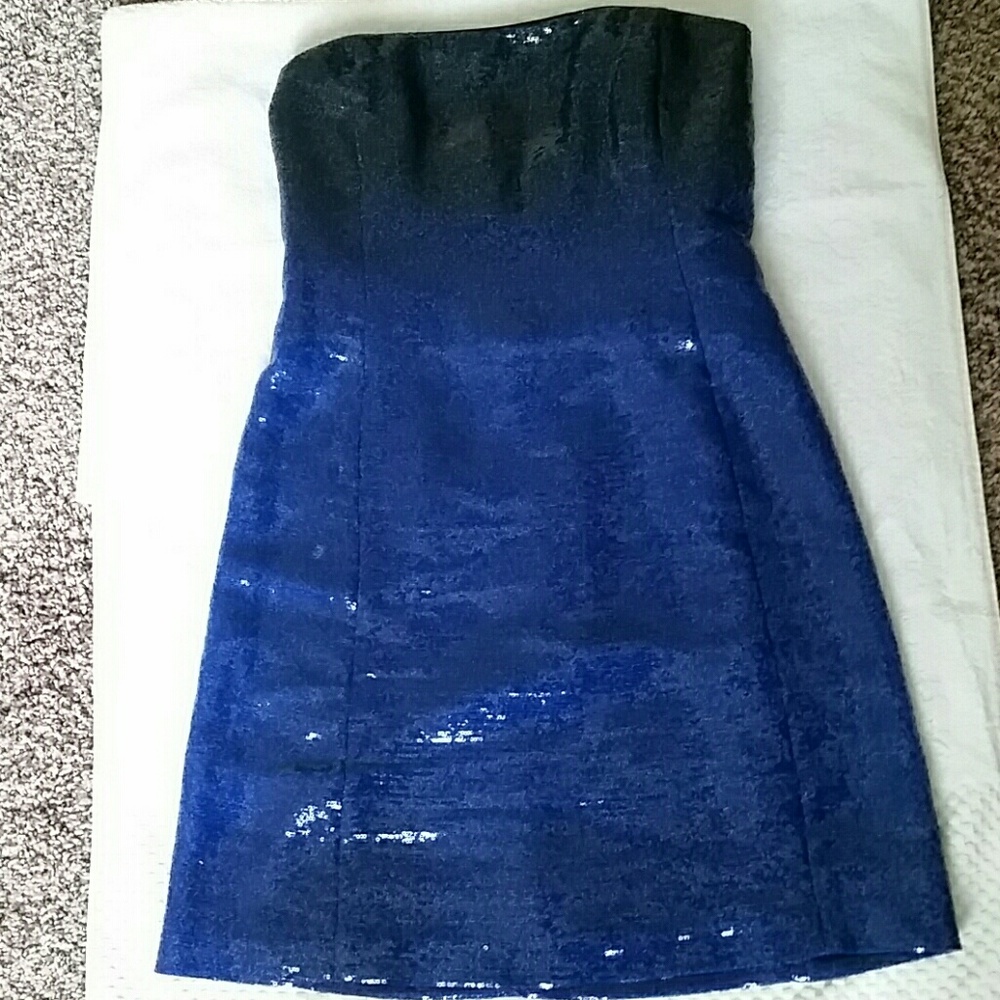 Kate Unger,Blue, sequined strapless cocktail dress