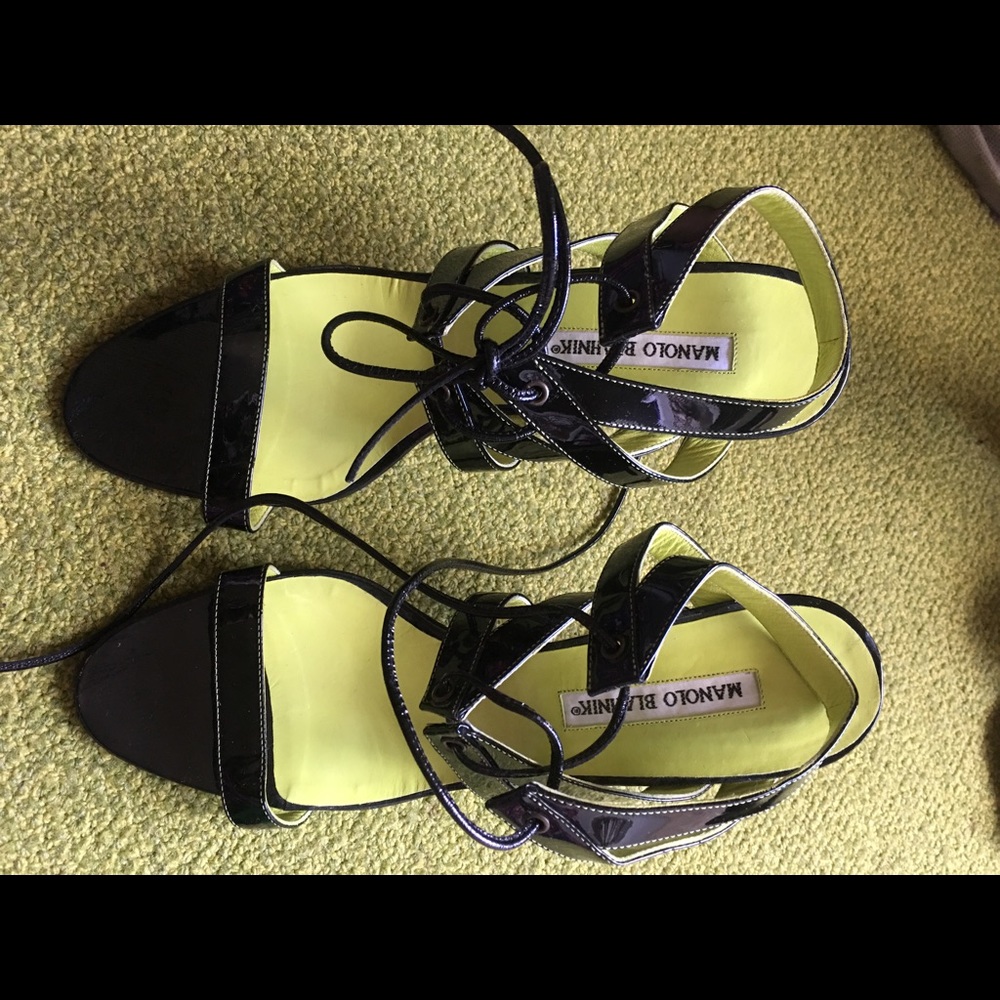Manolo Blahnik patent leather ankle tie Sandal