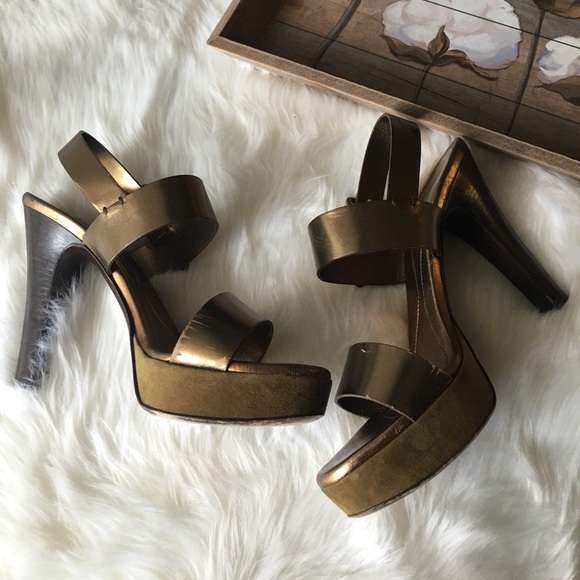 Yves Saint Laurent Shoes - YSL Bronze Metallic Leather Strappy Platform Heels