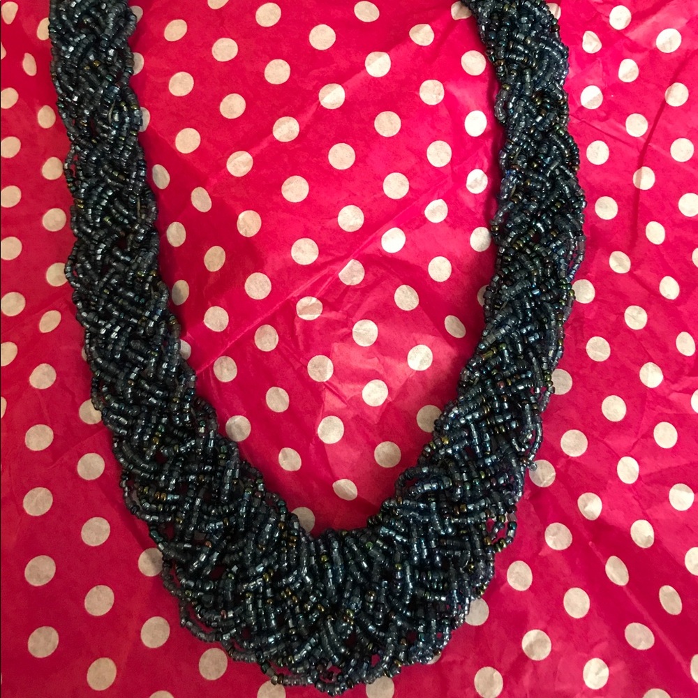 Beaded, braided necklace. Navy blue/brown