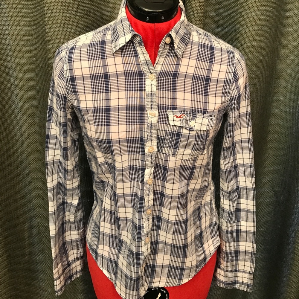 Hollister Navy Blue White Checked Button Up Top