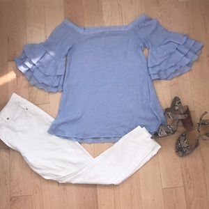 Off the shoulder, 3/4 Sleeve, Light Blue Top