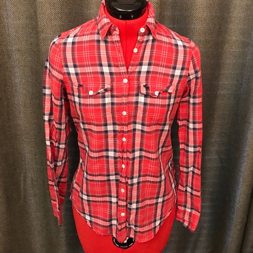 Abercrombie & Fitch A&F Red and Navy Button Up Top