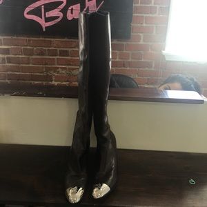 Chanel brown distressed over the knee boot