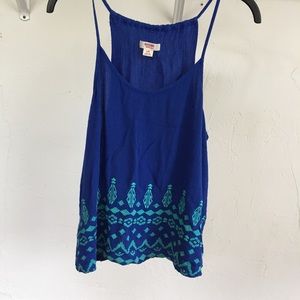 Tribal/geometric design blue tank top