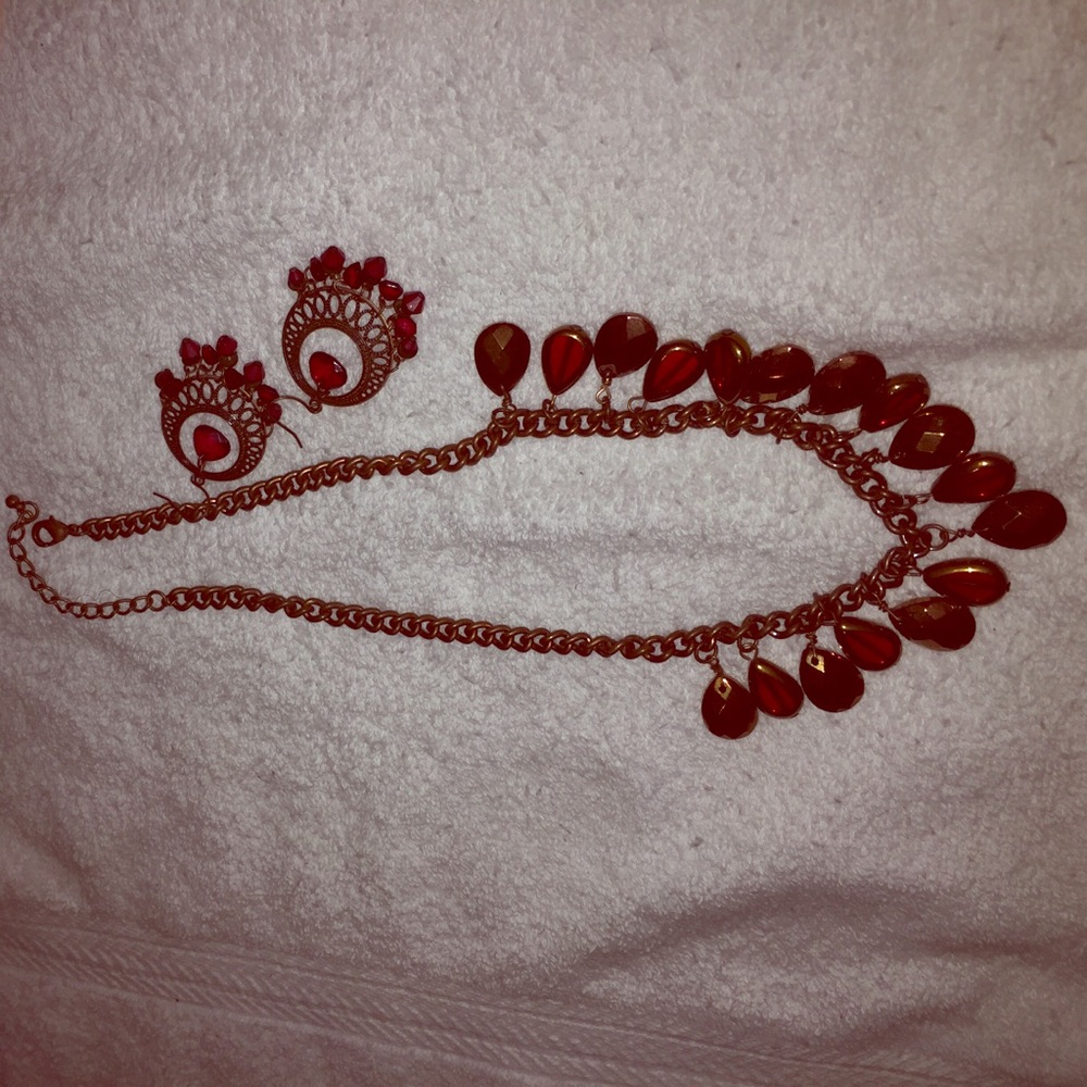 Copper and red beaded necklace and earrings