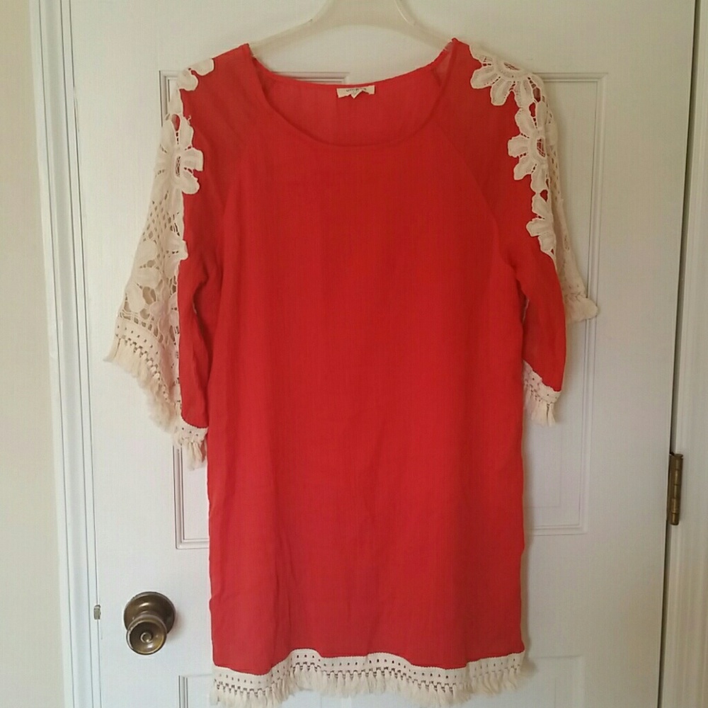 Umgee Tomato red and cream tunic top/mini dress