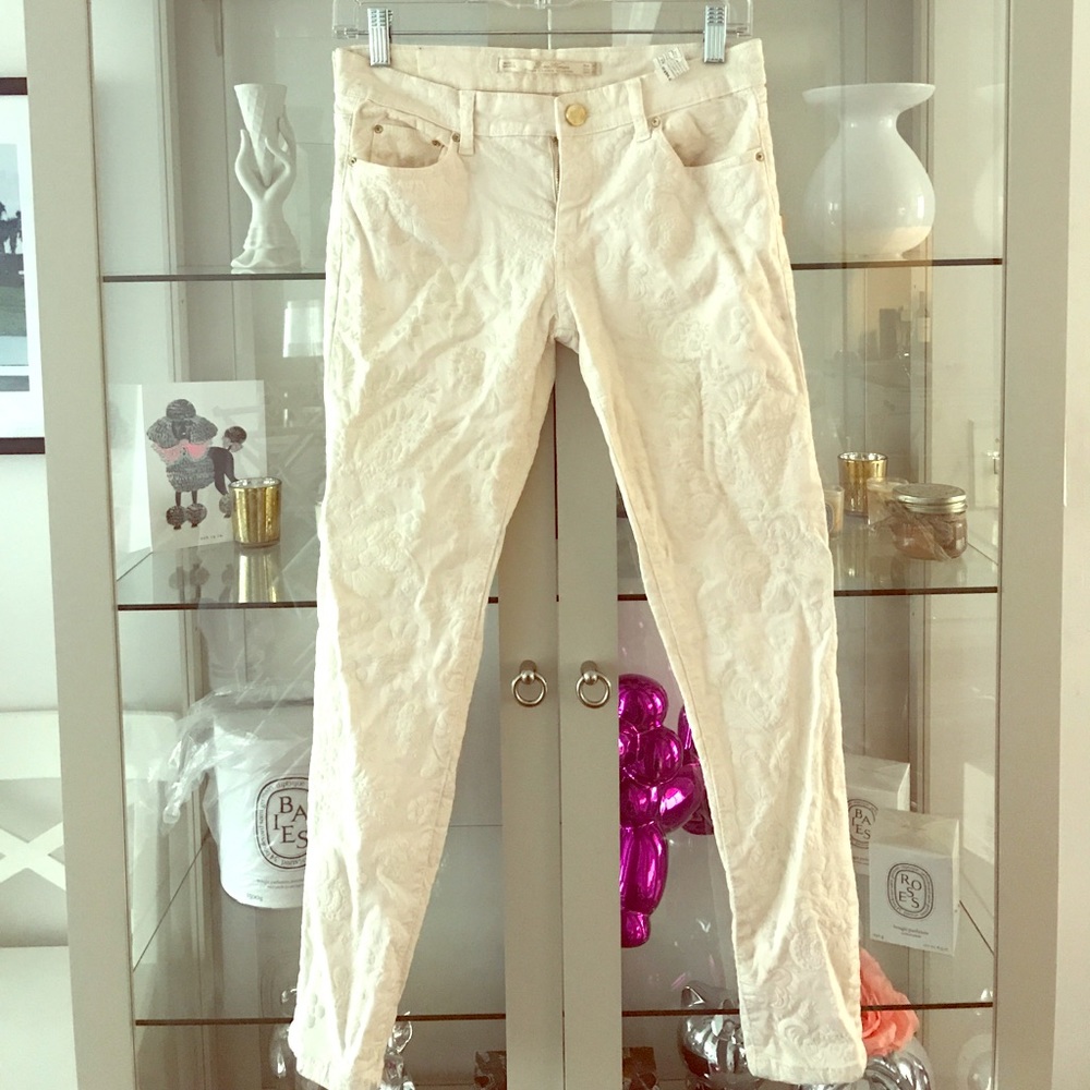 Zara Slim Fit embroidered cream Jeans