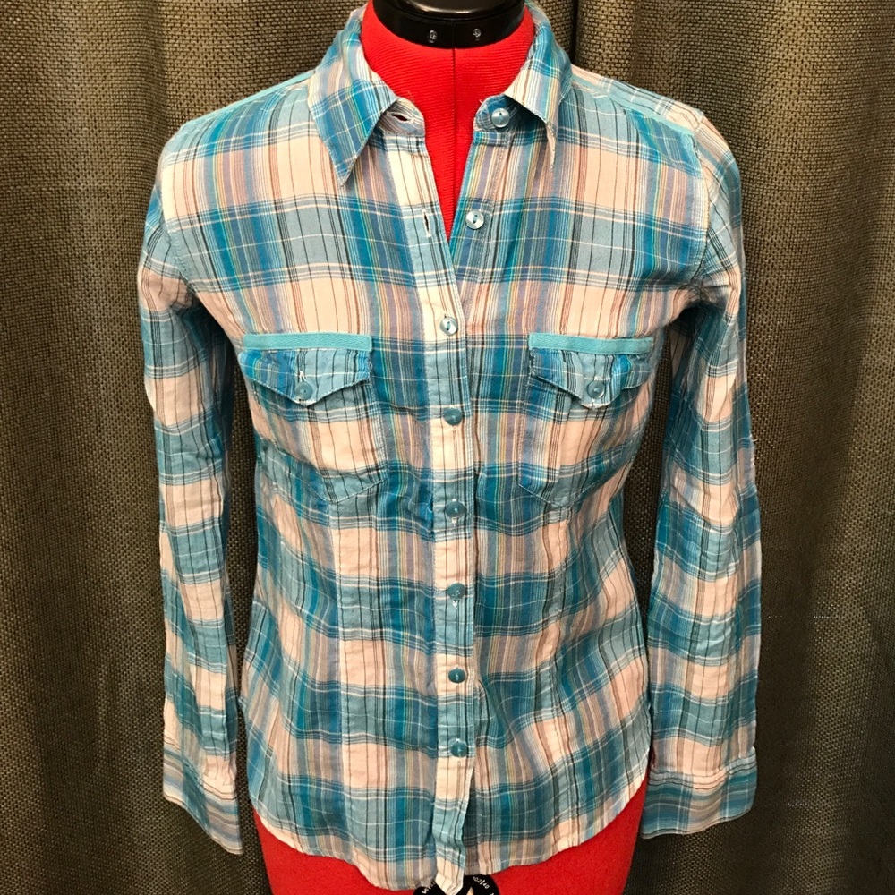 Kirra Aqua Teal Green White Checked Button Up Top