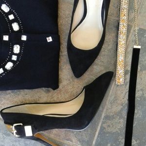 Aldo Black Suede Gold Buckle Heels Size 7