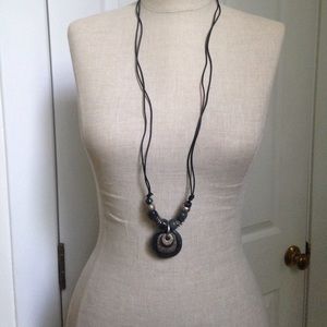 Leather Cord Green & Silver Necklace