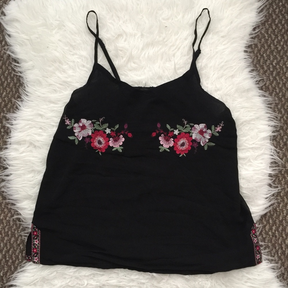 Black Floral Embroidered Adjustable Tank Top S