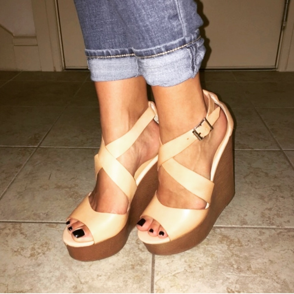 Nude Leather Platform Wedge Sandals - Picture 2 of 8