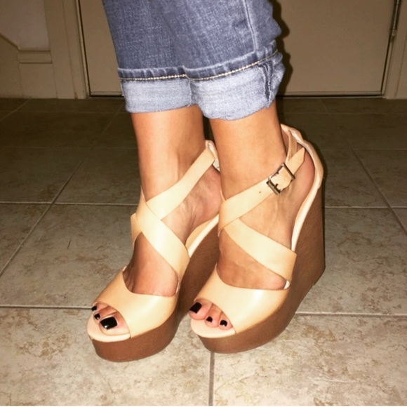 Nude Leather Platform Wedge Sandals - Picture 2 of 8