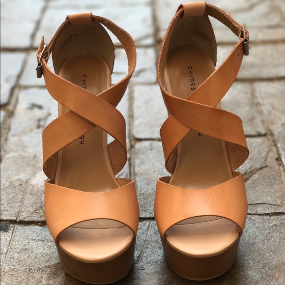 Nude Leather Platform Wedge Sandals - Picture 6 of 8