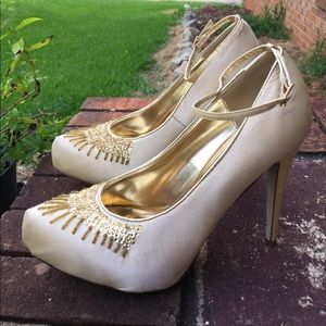 GOLD SEQUINS ANKLE STRAP CLOSE TOE PLATFORM HEELS