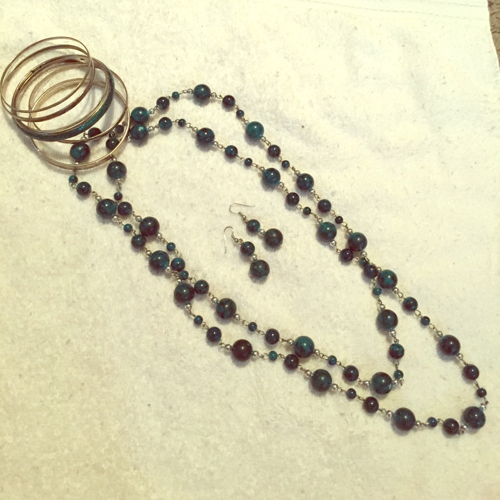 Teal Marbled Silver jewelry set