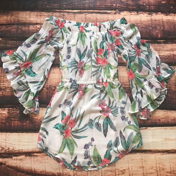 Last one! Off Shoulder Bell Sleeve Tropical  Dress - Picture 2 of 5