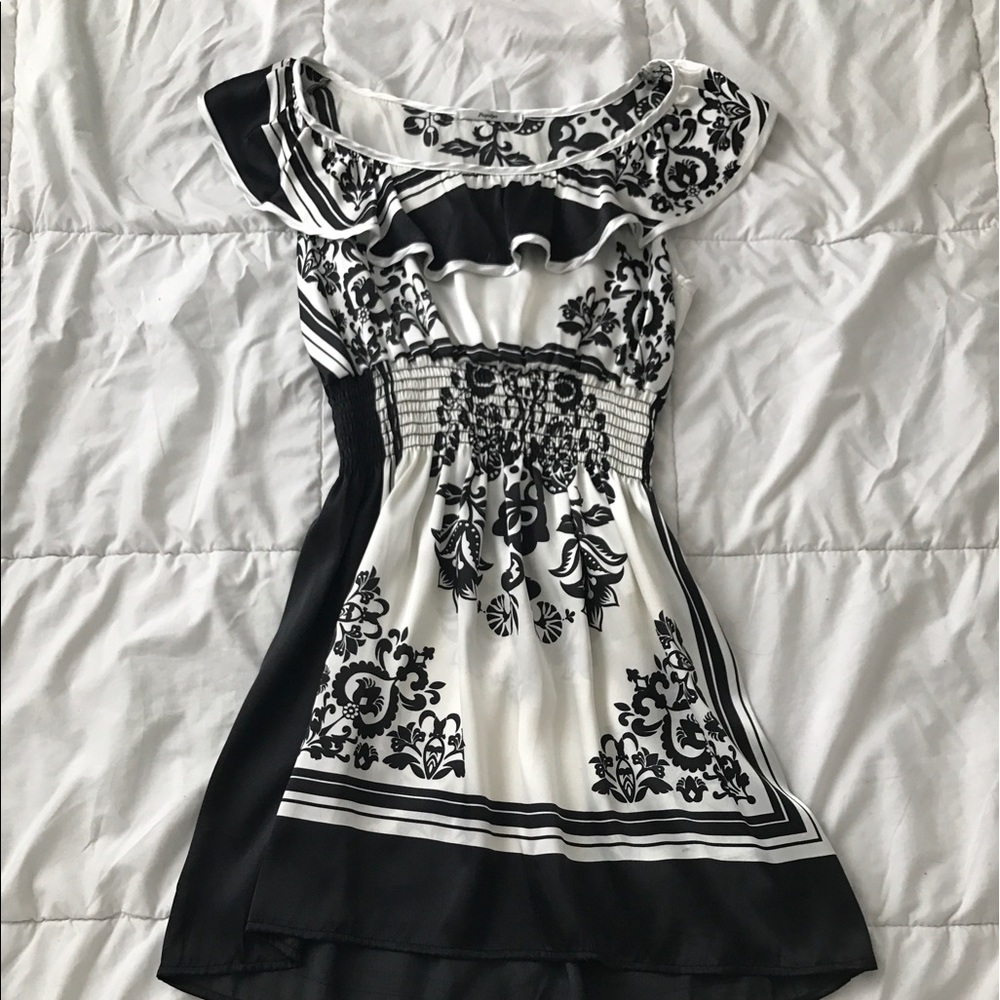 Satin black and white ruffle dress