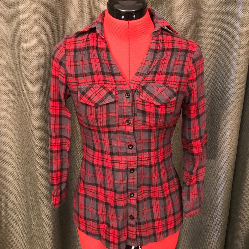 A'Gaci Red Grey Black Fitted Button Up Shirt Top