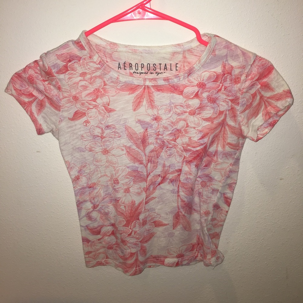 cropped, pink floral tee shirt