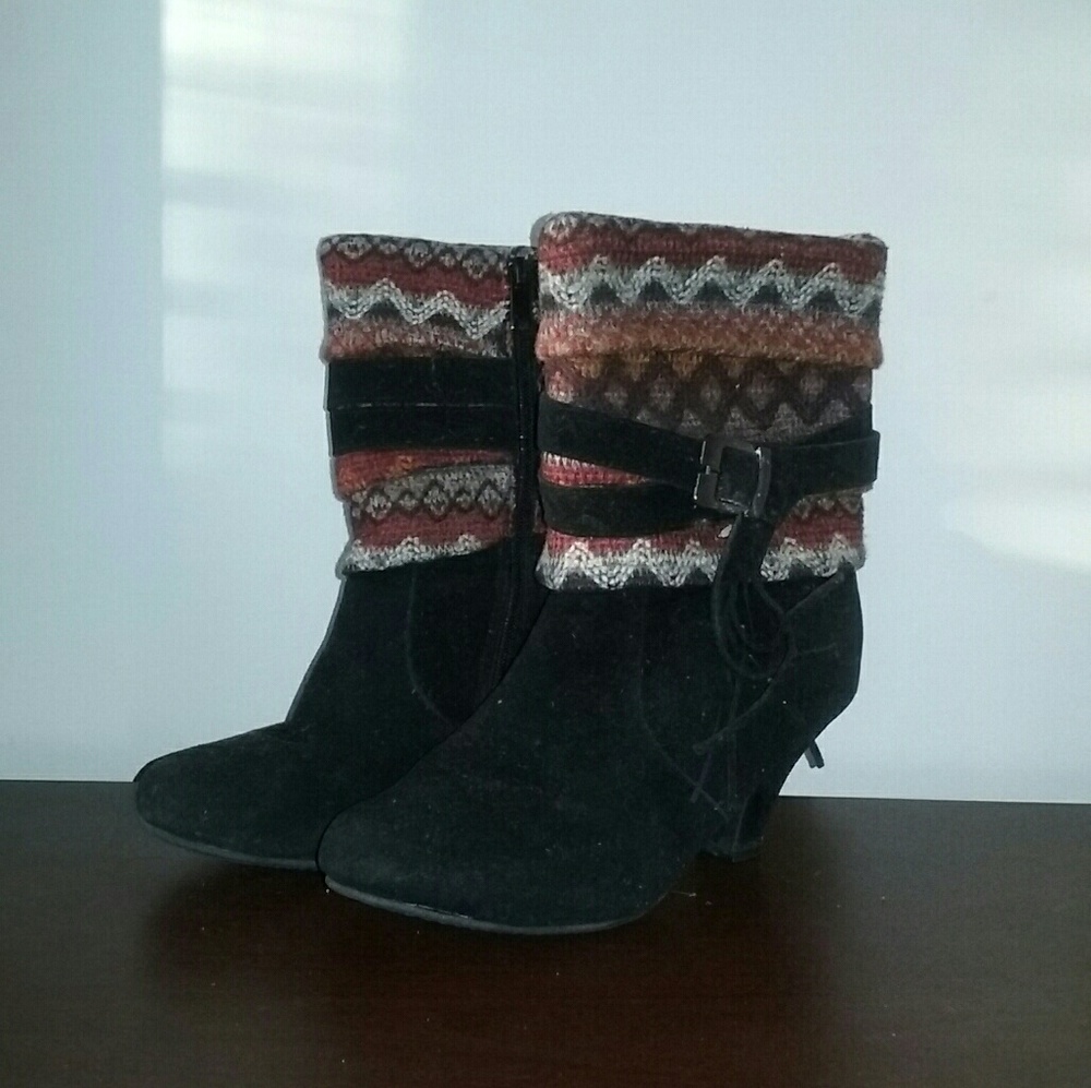 Black Ankle Boots with Aztec Sweater Trim