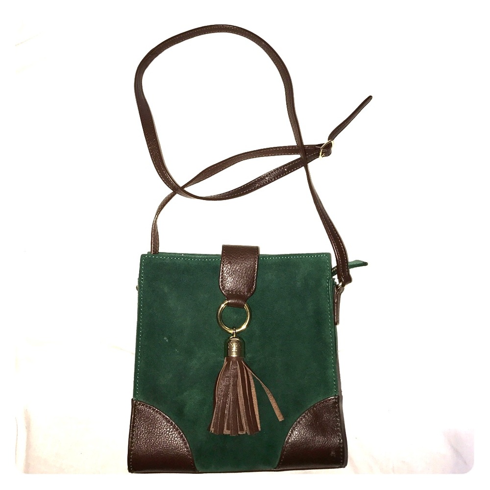 Green suede, cross-body purse with tan leather.