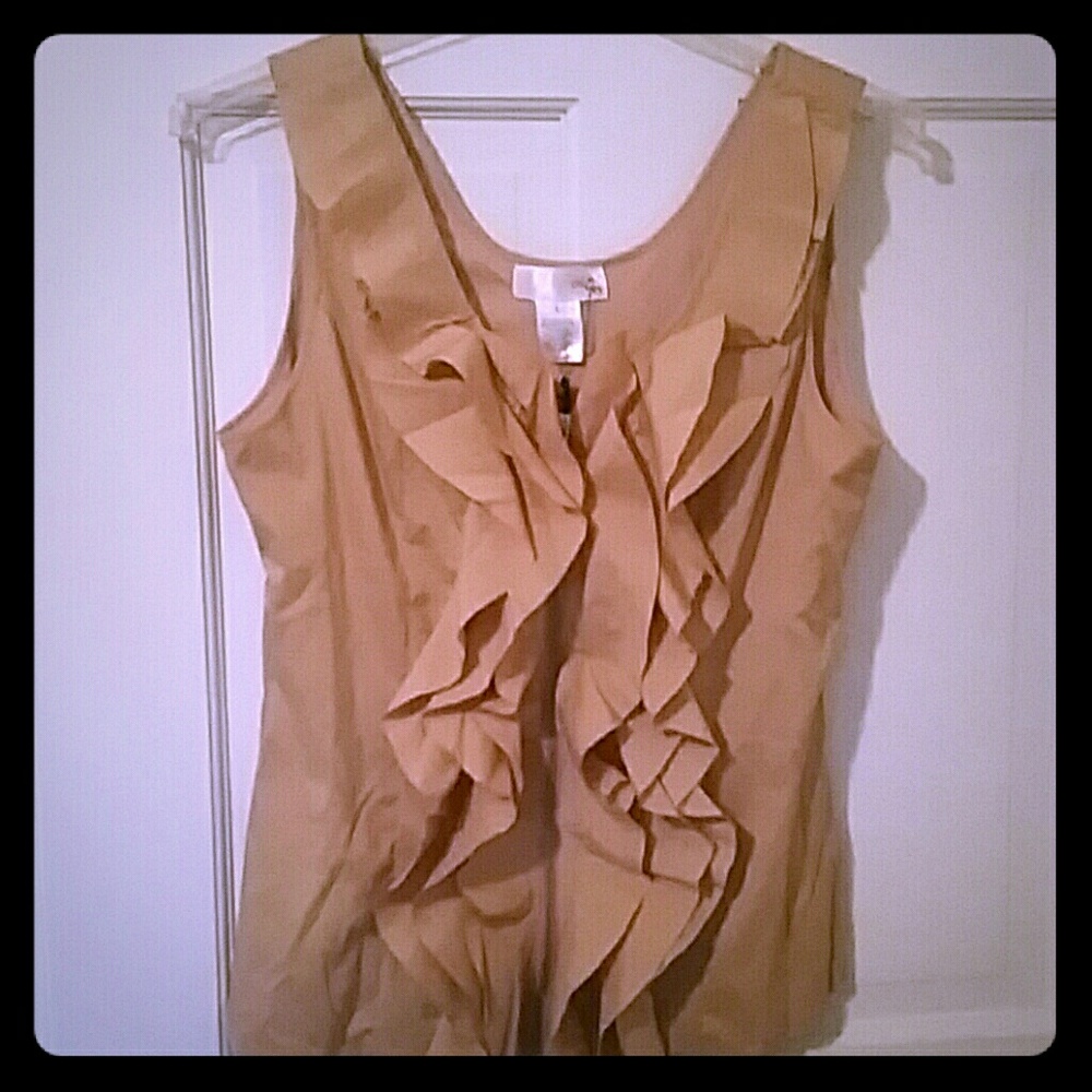 Almost new, tan sleeveless blouse, ruffle front