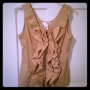 Almost new, tan sleeveless blouse, ruffle front