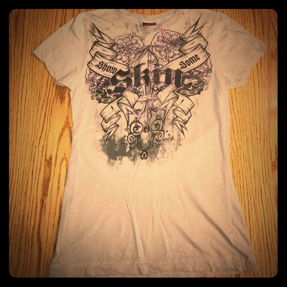 Skin Grey Purple Metallic Graphic T-Shirt Top